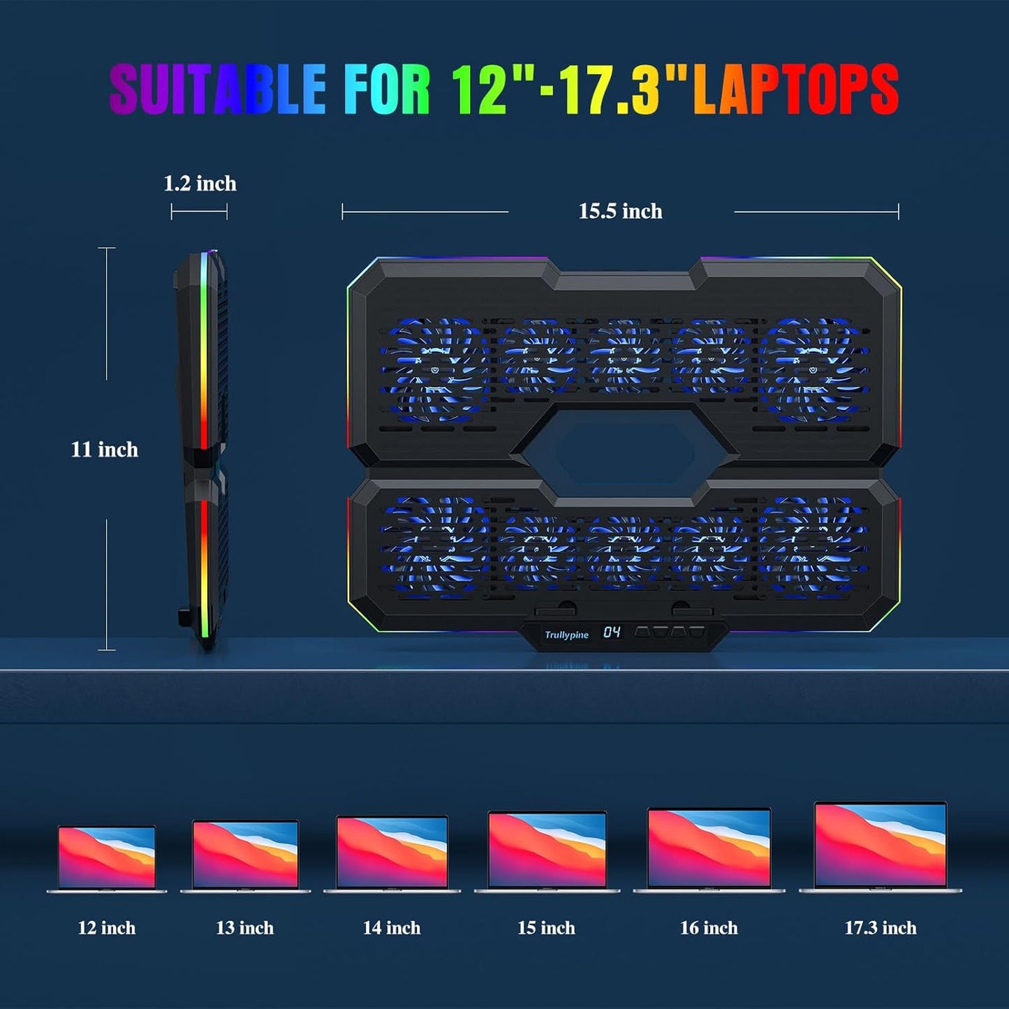 Laptop Cooling Pad, Gaming Laptop Cooler with 10 Quiet Fans, Height Adjustable Laptop Cooling Stand for 12"-17" Laptops, RGB Lights with Laptop Fan with 2 USB Port and Phone Stand