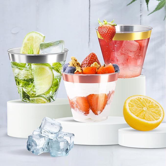 [200 Pack] 9oz Clear Plastic Cups with Rose Gold Rimmed Sturdy & Food Safe Disposable Wine Glasses Party Wedding Disposable Drinking Cups Plastic Cocktail Glasses for Wine, Juice & Cold Beverages