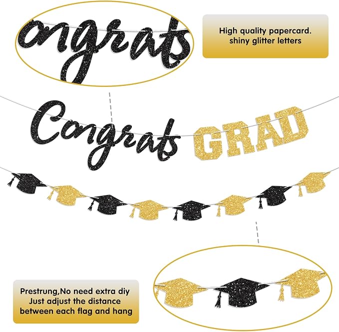Prestrung Congrats Grad Banner Black and Gold Graduation Banner - Image 3
