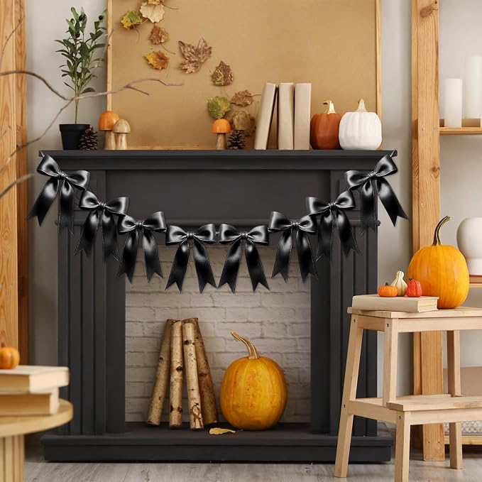 1 String of 8PCS Black Bow Garland Banner Decoration, Pre-Strung Satin Ribbon - Image 4