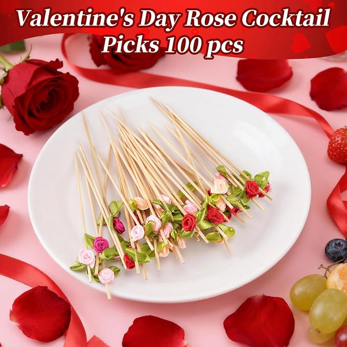 100 pcs Mother's day Valentines Day Cocktail Picks Multicolored Roses Bamboo - Image 4
