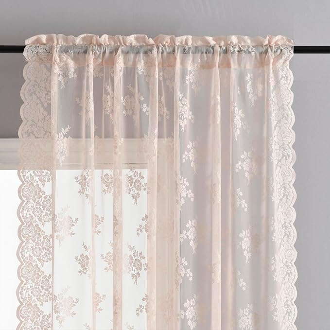 Kotile Blush Pink Floral Lace Curtains - Image 2