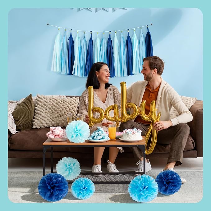Blue Tissue Paper Tassel Garland 15 Pcs & Tissue Paper Pom Poms 6 Pcs Set - Image 4