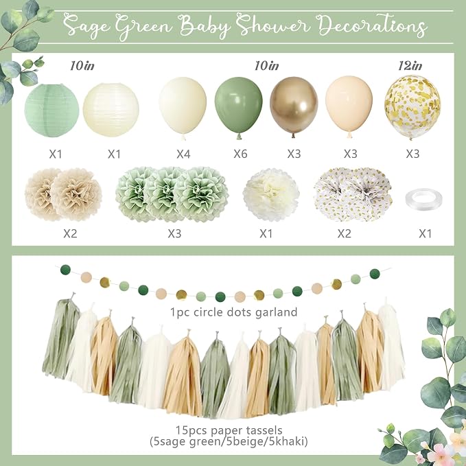 Amandir Sage Green Baby Shower Decorations Welcome Baby Banner | Green Balloons - Image 2