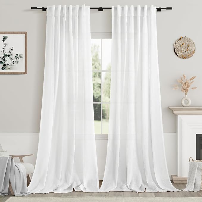 White Linen Curtains Back Tab Sheer Curtains 90 Inches Long by Nanspring