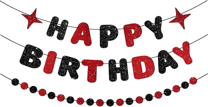 Red and Black Happy Birthday Banner Glitter Garland by Unknown