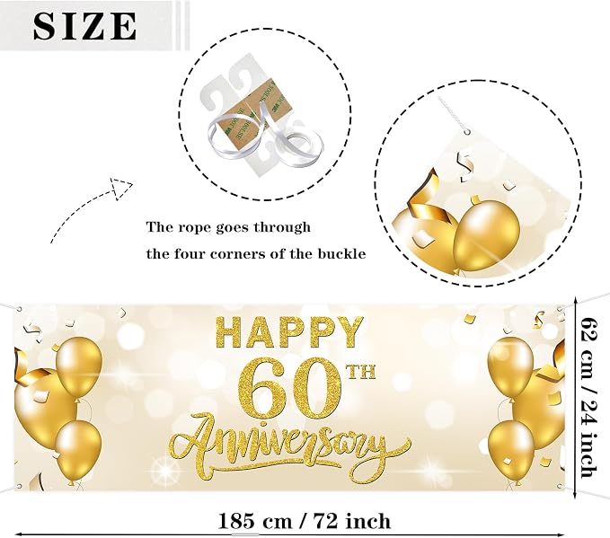 Large Happy 60th Anniversary Banner Sixty Themed Garden Backdrop Banner Company - Image 2