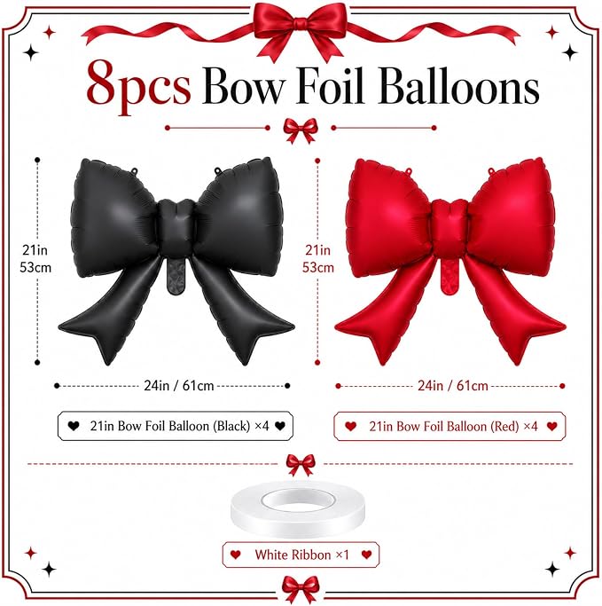 8Pcs Black Red Bow Foil Balloons, 21Inch Black and Red Bow Shaped Balloons - Image 2