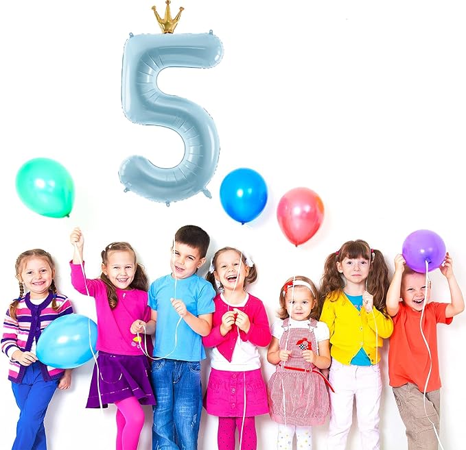 Number 5 Foil Balloon with Crown, 40-Inch Light Blue | Light blue number 5 foil - Image 4