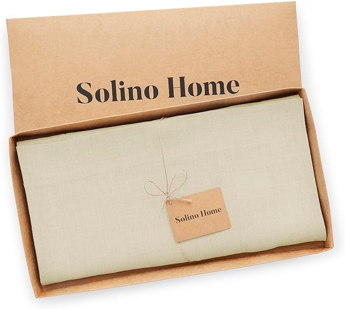 Solino Home Linen Tablecloth 52 x 52 Inch - 100% Pure Linen Birch Square Tablecloth - Fete, Machine Washable Table Throw for Fall, Autumn, Thanksgiving