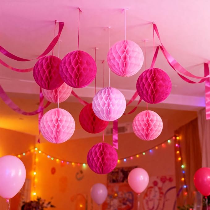 Pink Paper Honeycomb Balls, 6 and 10 inch Hanging Tissue Pompoms, 12 Pack Party - Image 6