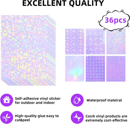 36 Sheets Holographic Sticker Paper, Clear Vinyl Sticker Laminate Film Self-Adhesive, Transparent Overlay Lamination Sticker Paper Waterproof, 6 Patterns-8.5x11 Inch