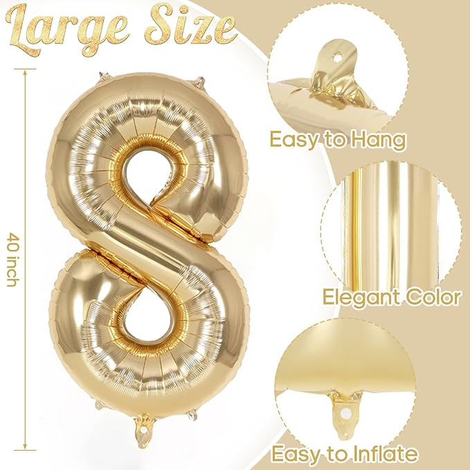Champagne Gold Large Number 8 Balloon, 40 Inch Light Gold Foil Helium Number - Image 3