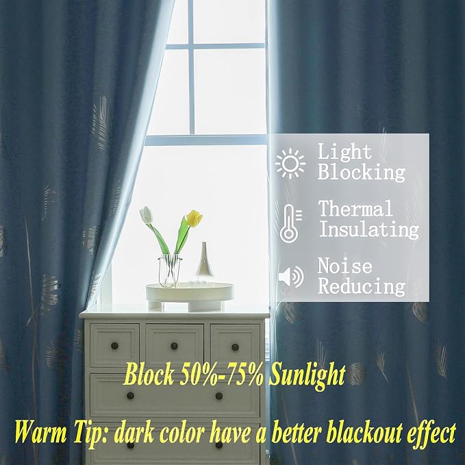 Sky Blue Blackout Curtains for Living Room, Room Darkening Silver Palm Tree - Image 6