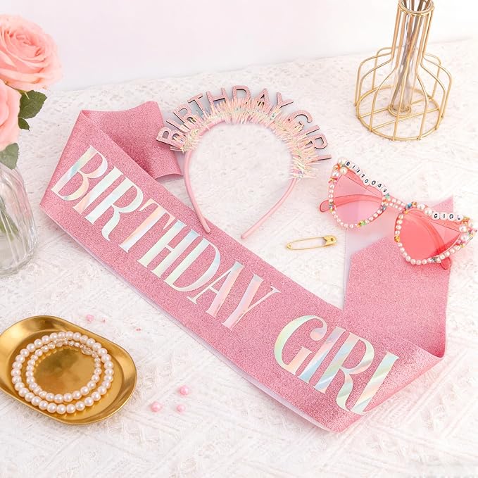 Atoden Birthday Girl Sash Glitter Headband Tiara Crown Sunglasses Pink Happy - Image 8