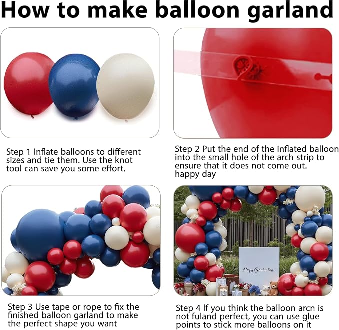 Red White Blue Balloons Arch Kit Double Stuffed, Party. | Dark Ruby Red - Image 3