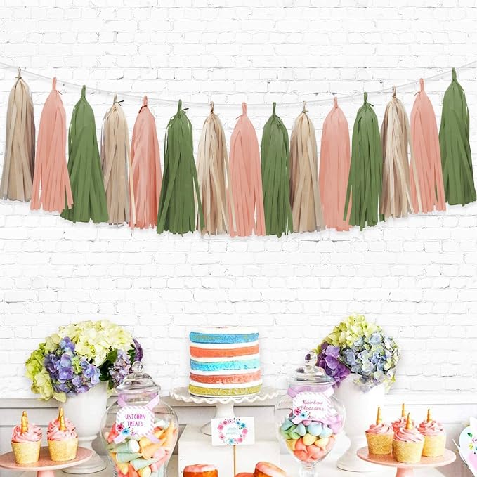 Retro Pink Sage Green Tassel Garland - Image 5