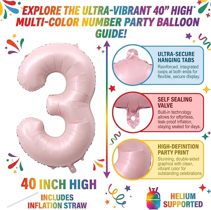 40 Inch Light Pink Foil Number 3 Balloon - Image 2