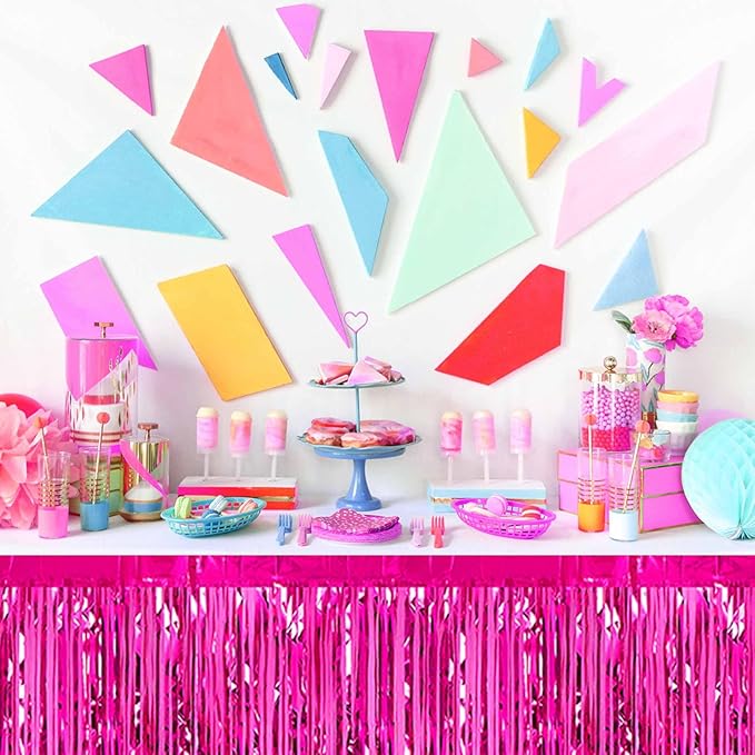 3 Pack Fuchsia Foil Fringe Table Skirts Metallic Tinsel Streamers Garland Banner Backdrop for Table Decor, Parade Float, Birthday, Wedding, Halloween, Christmas Party Decorations(29x108 In)