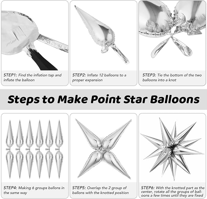Black Gold Silver Foil Star Balloons, Cone Mylar Spike Balloons Fireworks - Image 7