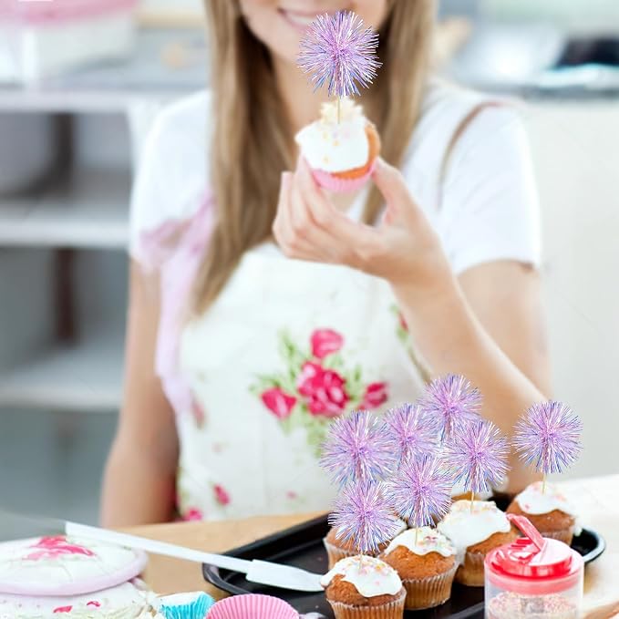 Gyufise 30Pcs Foil Firework Cupcake Toppers Sparkle Tinsel Cake Toppers Tinsel - Image 5