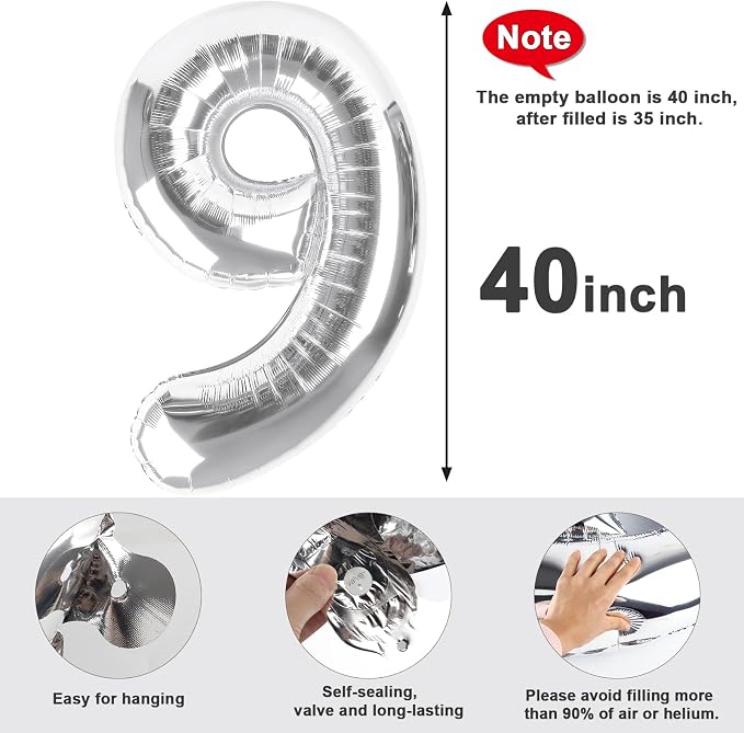 Large Number Balloons 40 Inch Silver 9 Balloon - Image 7