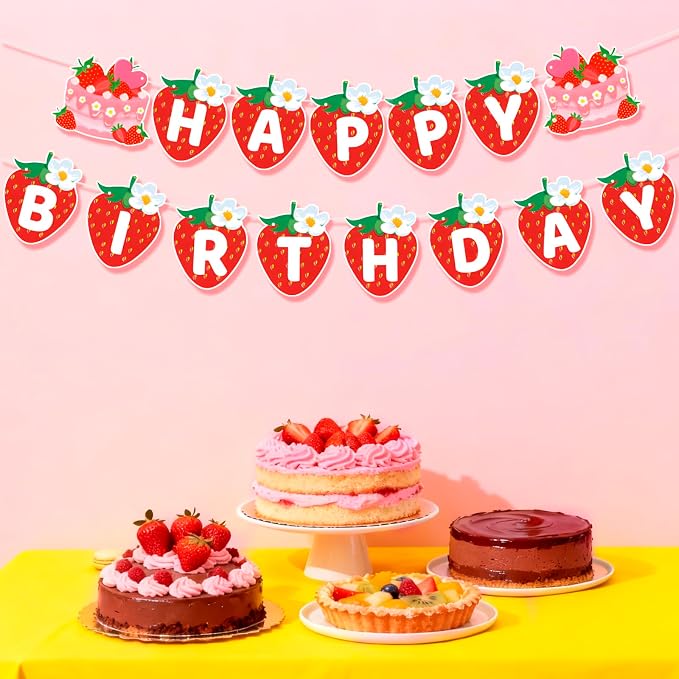 MEETINGU Strawberry Cake Happy Birthday Banner, Strawberry Themed Birthday - Image 3