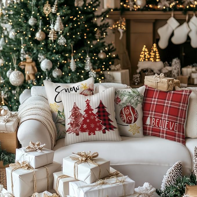 GEEORY Winter Christmas Throw Pillow Covers 18 x 18 Inch Set of 4, Xmas Trees Snowflake Snowman Joy Holiday Farmhouse Decorative Cushion Cases for Home Decoration G583-18