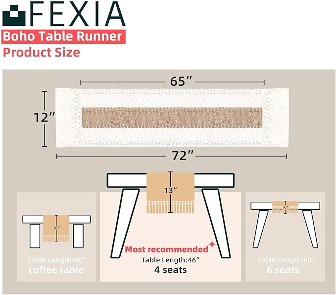 FEXIA Boho Table Runner for Fall Home Decor 12x72 Rustic - Image 2