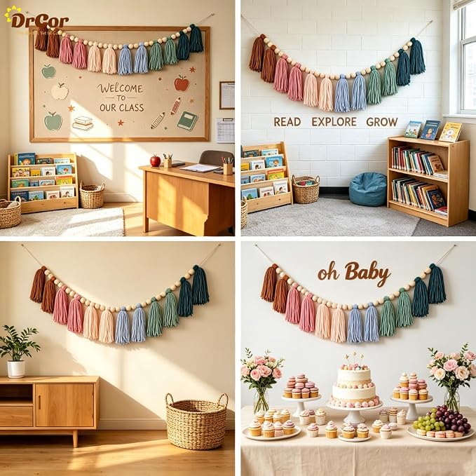 DrCor Earth Tone Tassel Garland – Boho Classroom Decor | Wood bead wall hanging - Image 3
