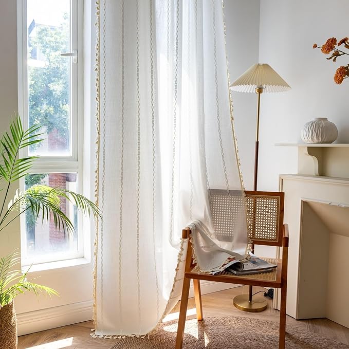 Sutuo Home White Boho Curtains for Bedroom Living Room Nursery, Bohemian 1 - Image 3