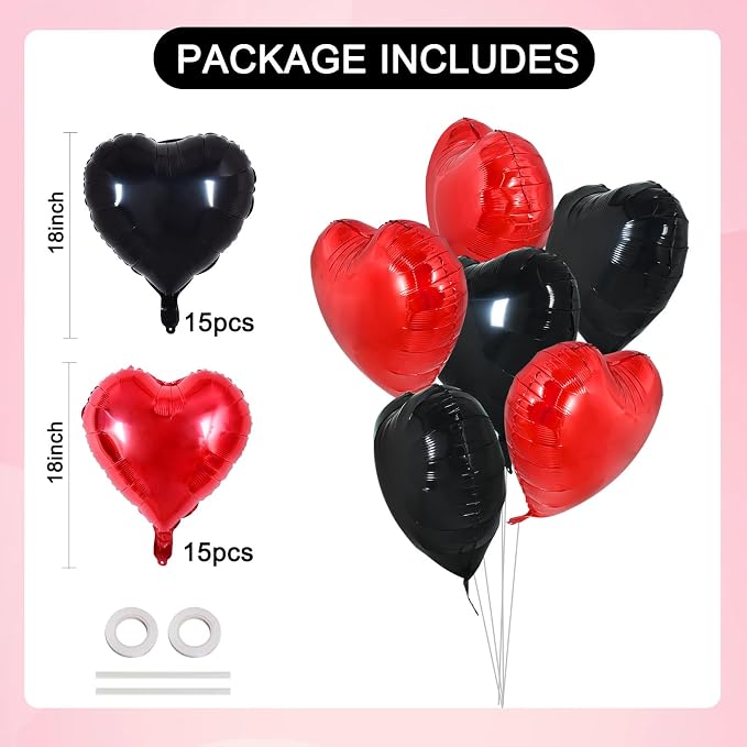 TONIFUL 30 Pcs Red Black Heart Balloons 18 Inch Heart Shape Foil Balloon | - Image 2