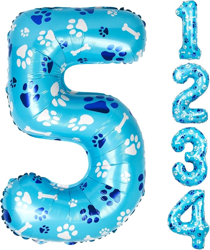 40 Inch Blue Dog Paw Birthday Balloons, Number 5 Balloons by AXBMM