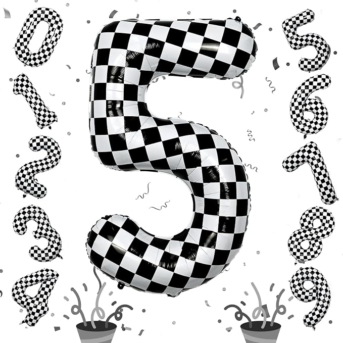 40 Inch Checkered 5 Number Balloons, Large Foil Self Inflating 5th Birthday by Isndare