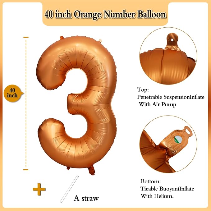 40 inch Orange Number 3 Balloon 3rd Birthday Party Decorations | Giant Foil - Image 2