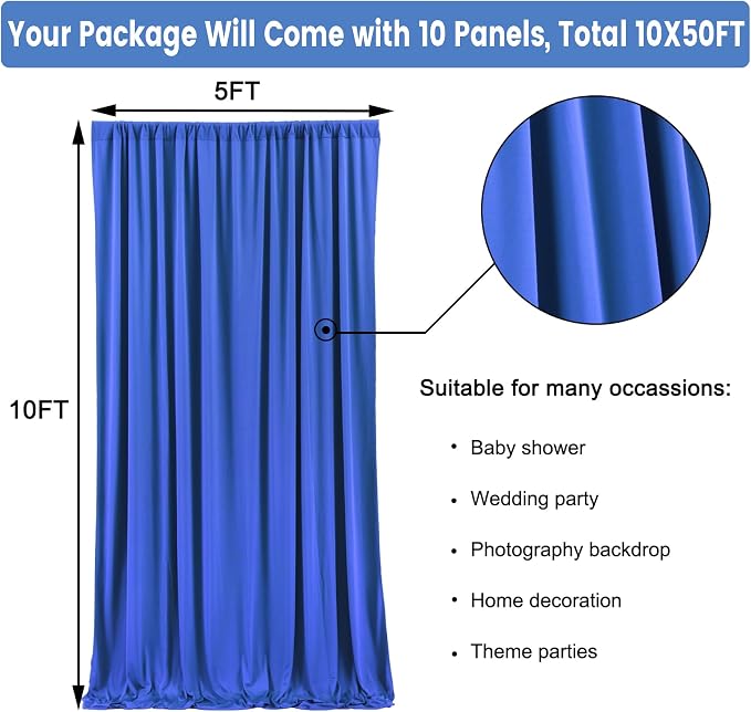 50ft x 10ft Wrinkle Free Royal Blue Backdrop Curtain - Image 6