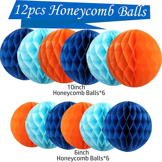 Orange and Blue Paper Honeycomb Flower Balls-12 Pcs 6" 10" Tissue Pompoms They - Image 2