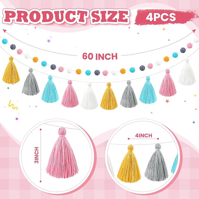 Syhood 4 Pcs Pom Pom Tassel Garland Felt Pompom Ball Banner Tassel Garland - Image 2
