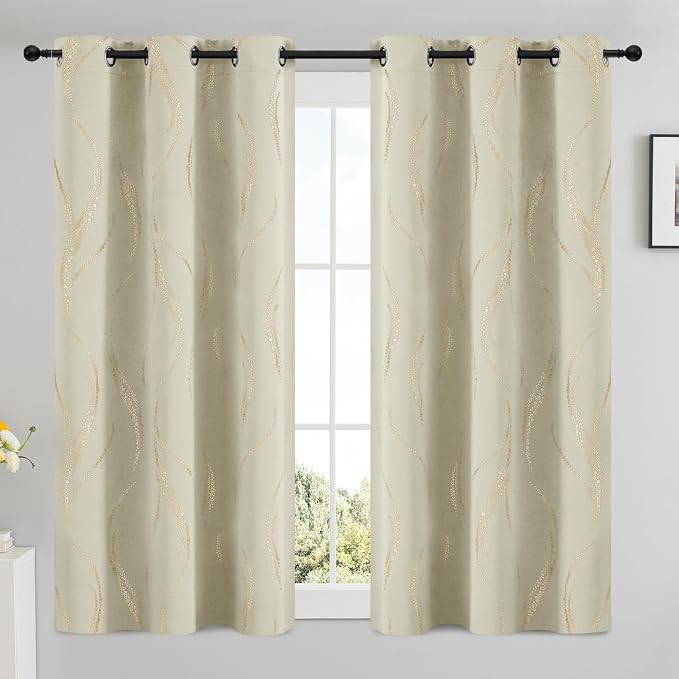 Yakamok Cream Light Blocking Curtains 54 Inches Long Gold Print Wide 42" | Gold - Image 2
