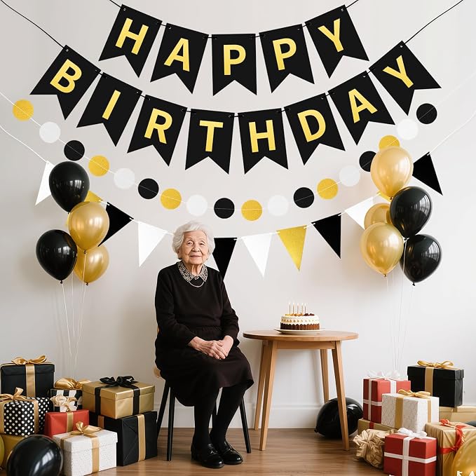 Black Gold Happy Birthday Banner, Happy Birthday Decorations Hanging Birthday - Image 3