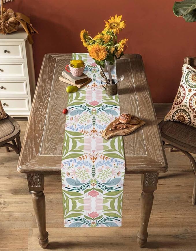 Green Blue Pink Boho Floral Cotton Linen Table Runner for Dining Kitchen, Wedding Outdoor Party Tablerunners Decoration, Retro Bohemian Botanical Dresser Scarf Coffee Tablecloth Runners 13x72 Inches