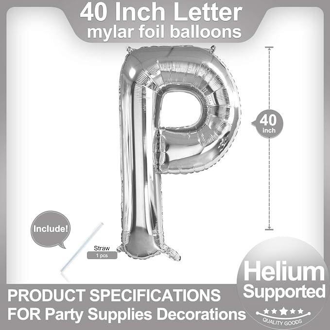 40 Inch Silver Letter P Balloons, DIY Phrase Foil Alphabet Letter P Balloons - Image 2