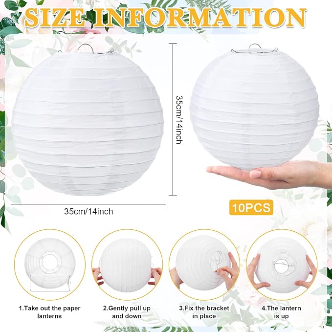 Treela 10 Pack White Chinese Japanese Paper Lanterns Decorative Hanging Round - Image 3