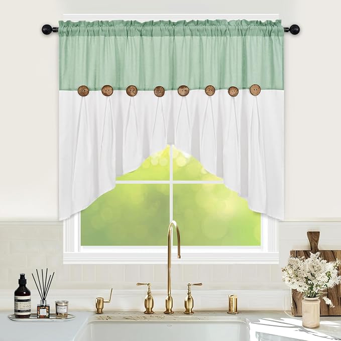 Farmhouse Swag Curtain, Boho Cotton Linen Valance Curtain, Sage Green Rustic by FRAMICS