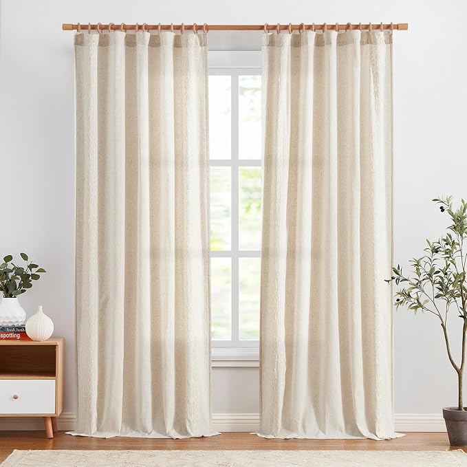 jinchan Floral Linen Curtains Embroidered Back Tab 50x96in 2 Panels Ivory | - Image 3