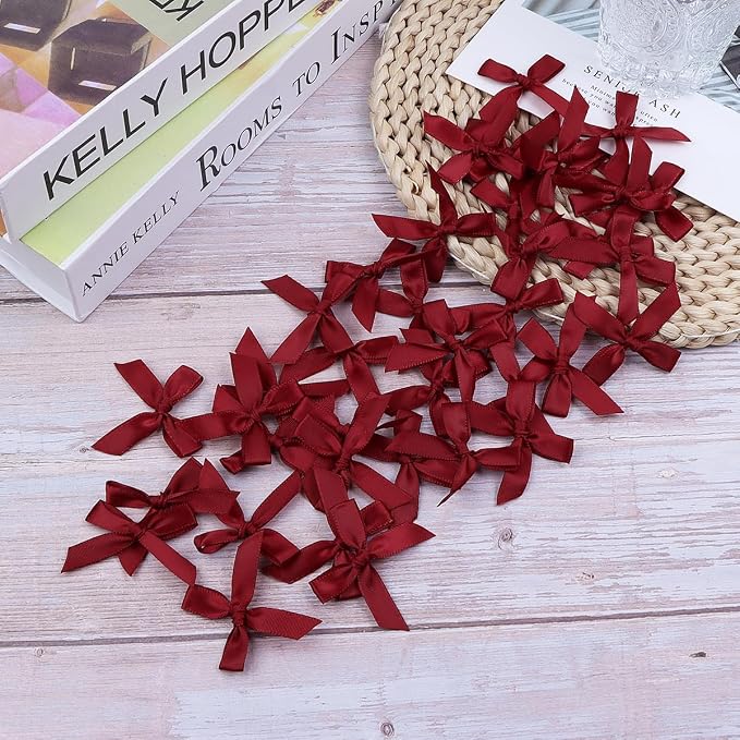 Wine Red Mini Bows 1.57" 100PCS Small Satin Ribbon Bows - Image 5