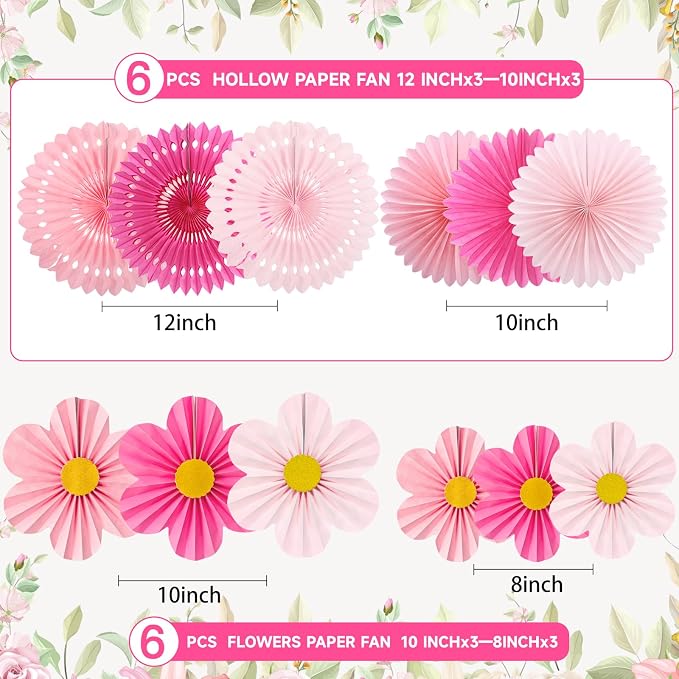 ADLKGG Pink Paper Fans Wall Decor, Flower Backdrop Party Decorations | 12 Pcs - Image 2