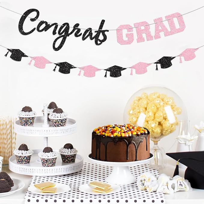 Prestrung Congrats Grad Banner Pink Black Graduation Banner - Image 6