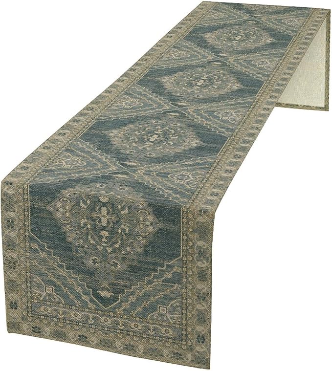 Boho Floral Vintage Table Runner, Blue Teal Retro Flower Rustic Country Farmhouse Pattern for Home Kitchen Table Decor Dining Coffee Room Party Decor 13x120in