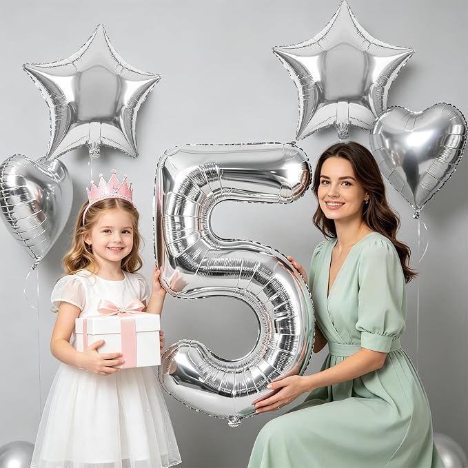 TONIFUL 5th Birthday Balloons Kit 40Inch Silver Large Number 5 Foil Balloon | - Image 3